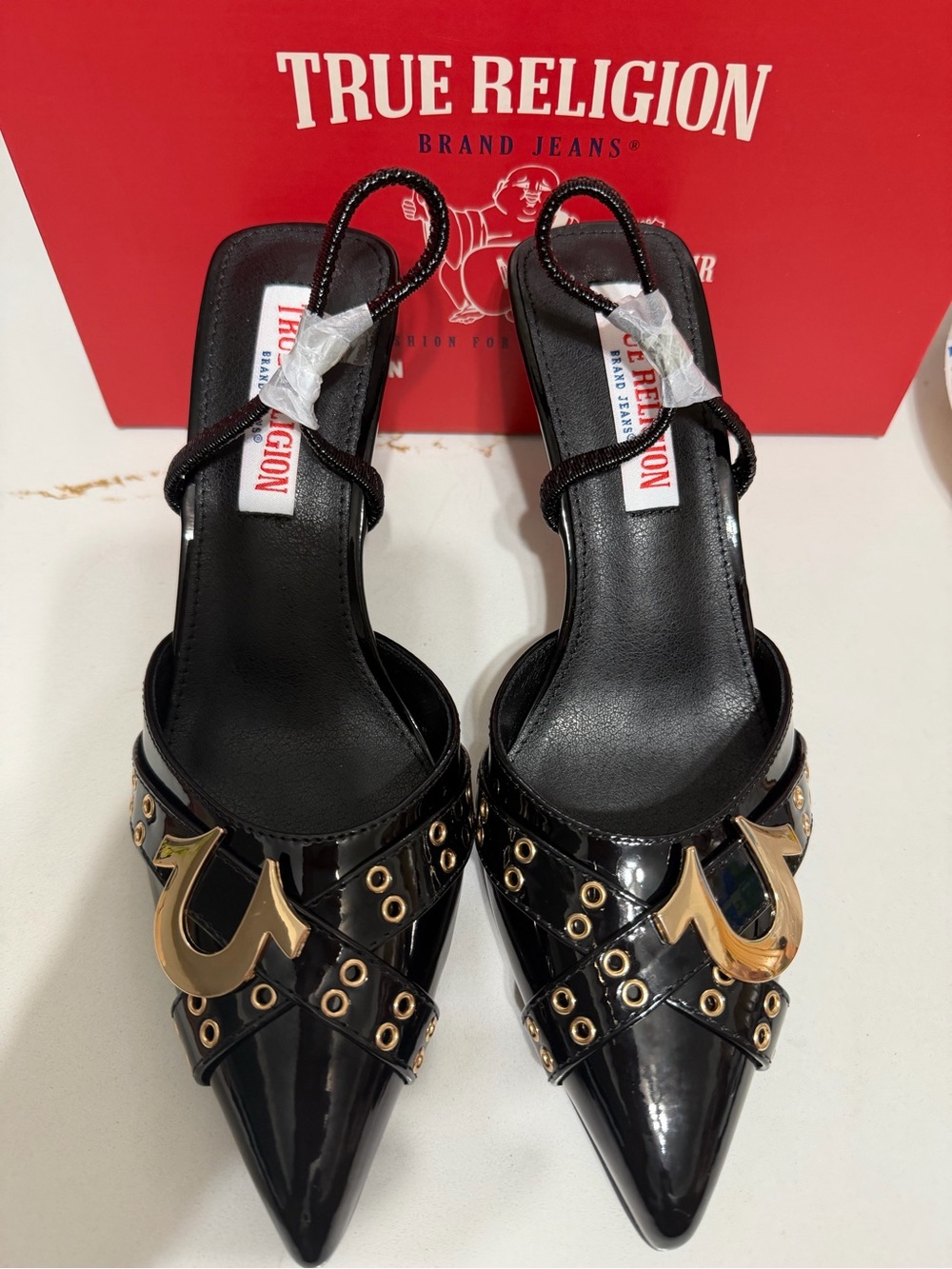 True Religion Black Patent Pointed-Toe Mules with Gold Hardware